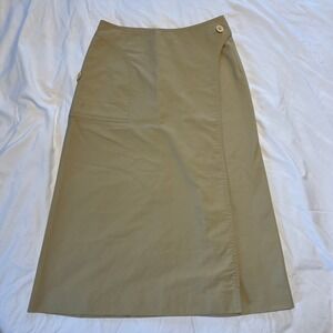 Vintage Jupe International Tan Khaki Wrap Midi Skirt Button Front A-Line utility